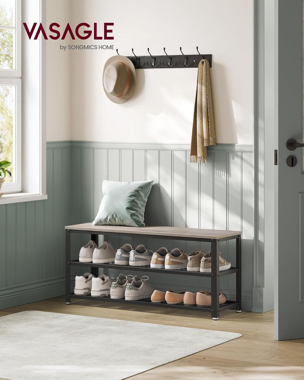VASAGLE Raft pentru pantofi cu 2 polite, 100x30x45cm, otel, stil industrial, gri
