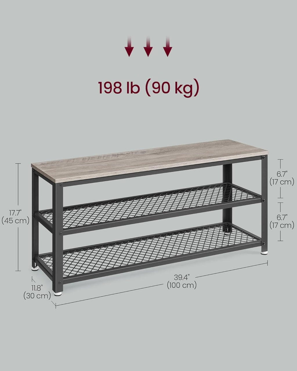 VASAGLE Raft pentru pantofi cu 2 polite, 100x30x45cm, otel, stil industrial, gri