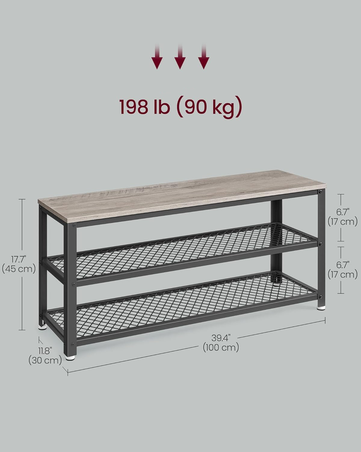 VASAGLE Raft pentru pantofi cu 2 polite, 100x30x45cm, otel, stil industrial, gri