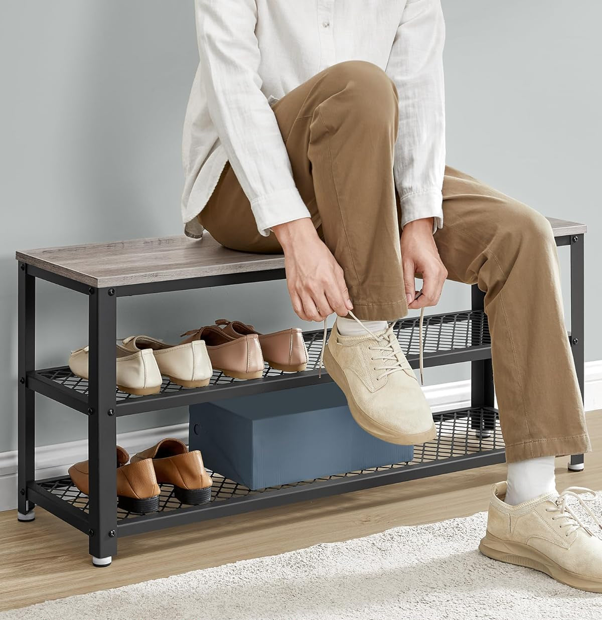 VASAGLE Raft pentru pantofi cu 2 polite, 100x30x45cm, otel, stil industrial, gri