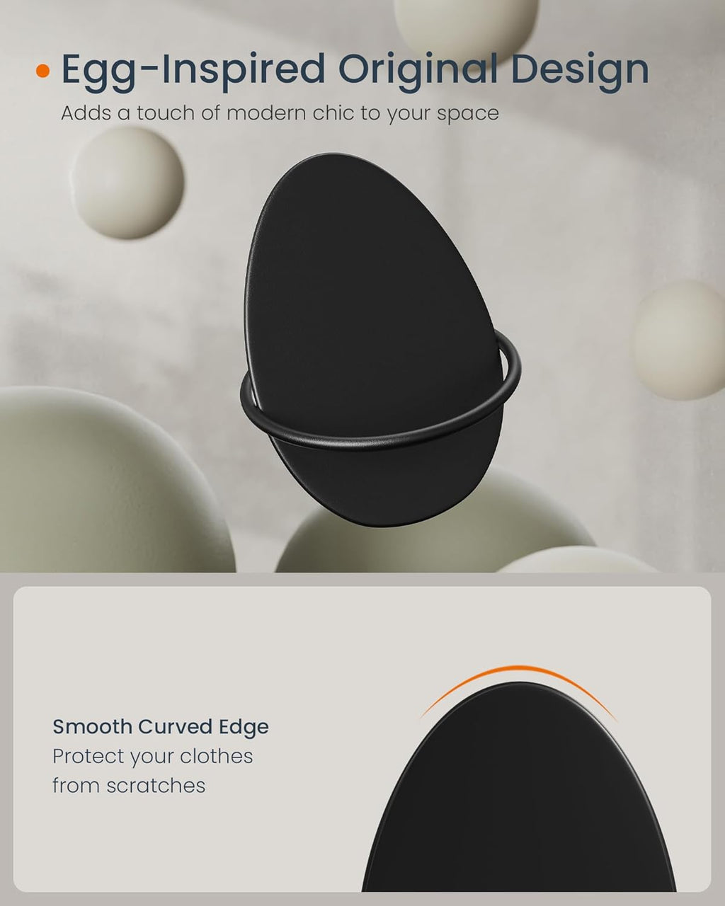 SONGMICS Set 4 carlige perete, design oval din otel, 5 kg per carlig, 9x5x7 cm, negru