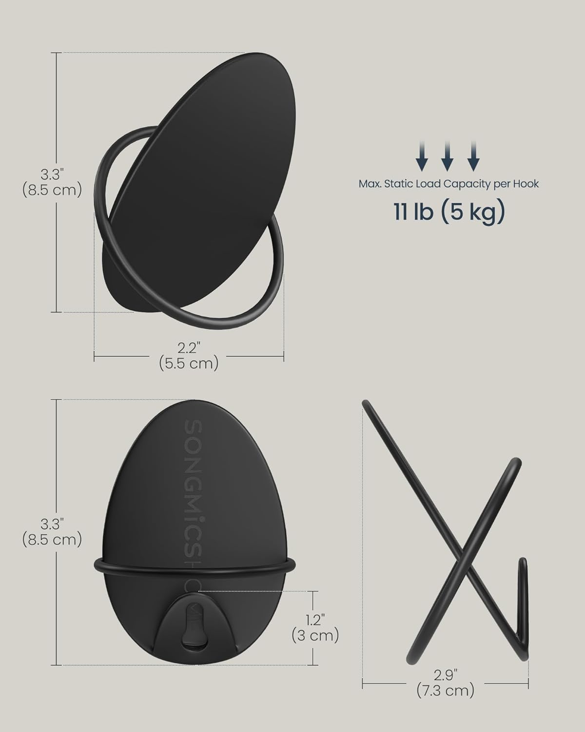SONGMICS Set 4 carlige perete, design oval din otel, 5 kg per carlig, 9x5x7 cm, negru