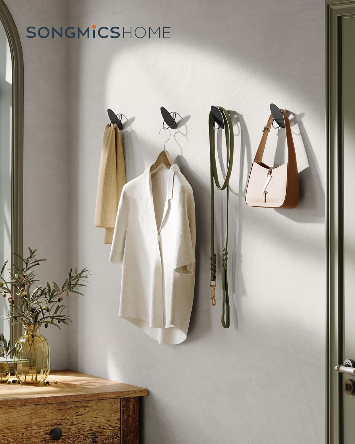 SONGMICS Set 4 carlige perete, design oval din otel, 5 kg per carlig, 9x5x7 cm, negru