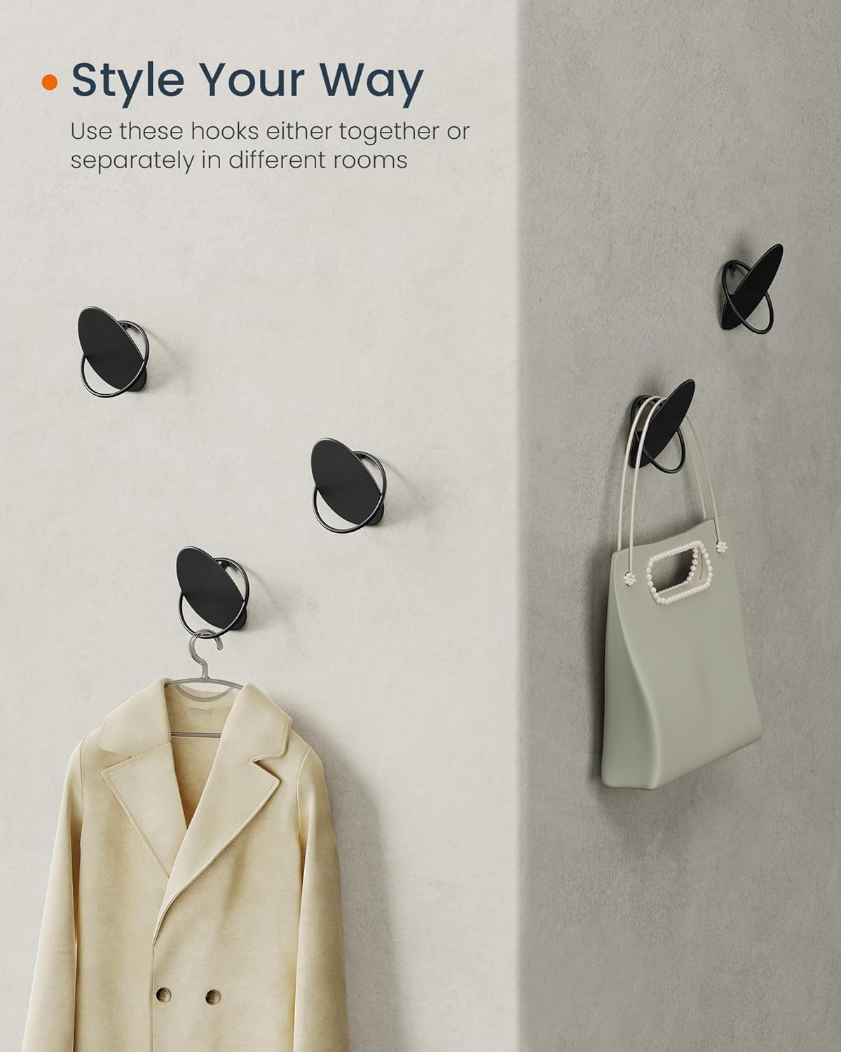 SONGMICS Set 4 carlige perete, design oval din otel, 5 kg per carlig, 9x5x7 cm, negru