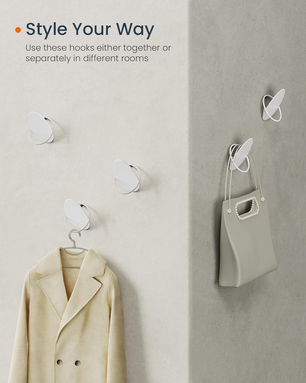 SONGMICS Set 4 carlige perete, design oval din otel, 5 kg per carlig, 9x5x7 cm, alb perlat