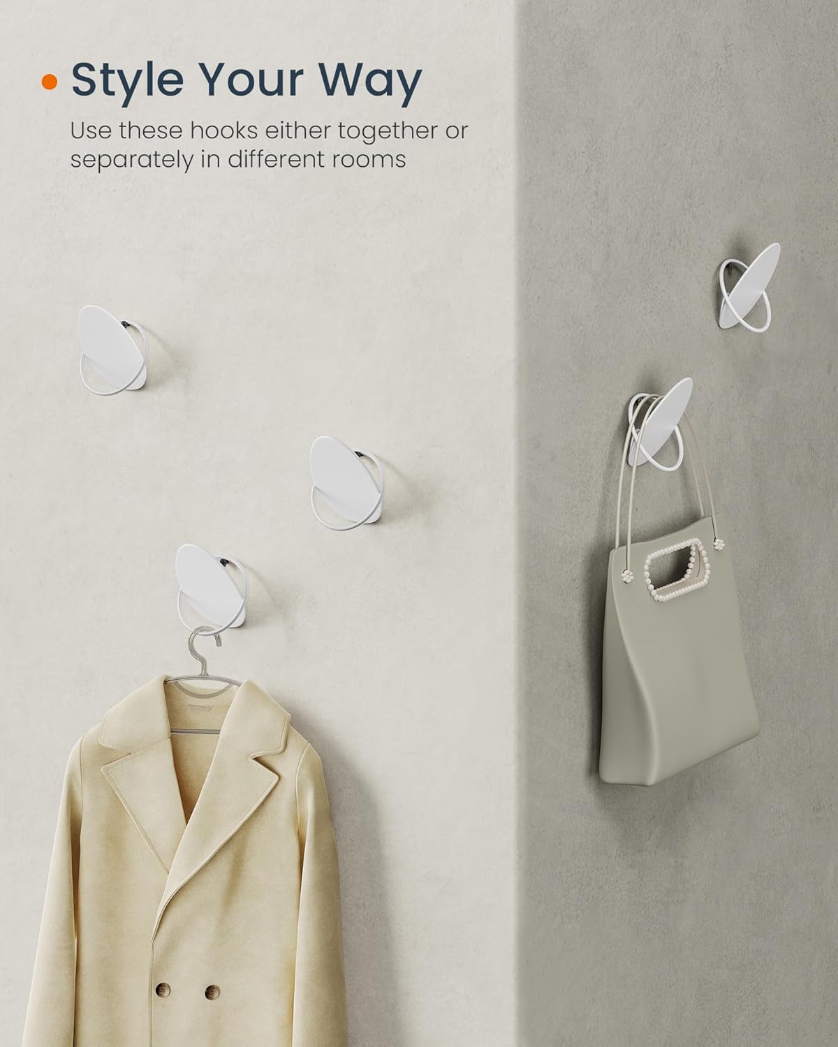 SONGMICS Set 4 carlige perete, design oval din otel, 5 kg per carlig, 9x5x7 cm, alb perlat