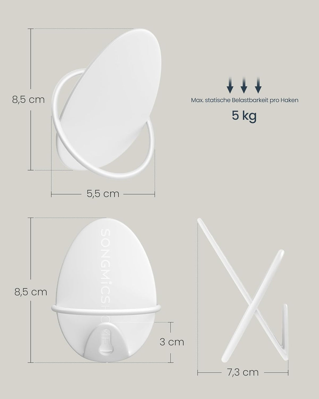 SONGMICS Set 4 carlige perete, design oval din otel, 5 kg per carlig, 9x5x7 cm, alb perlat
