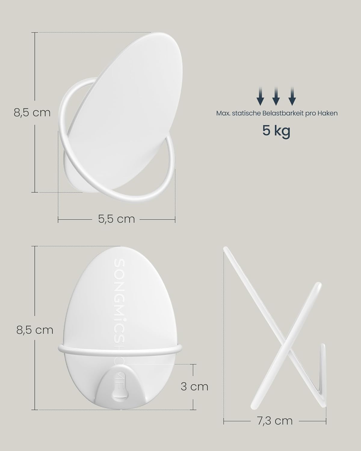 SONGMICS Set 4 carlige perete, design oval din otel, 5 kg per carlig, 9x5x7 cm, alb perlat