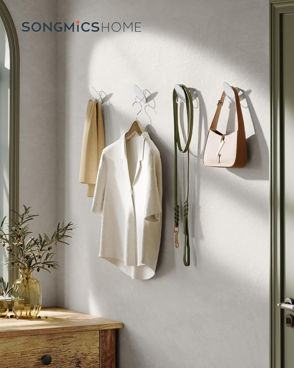 SONGMICS Set 4 carlige perete, design oval din otel, 5 kg per carlig, 9x5x7 cm, alb perlat