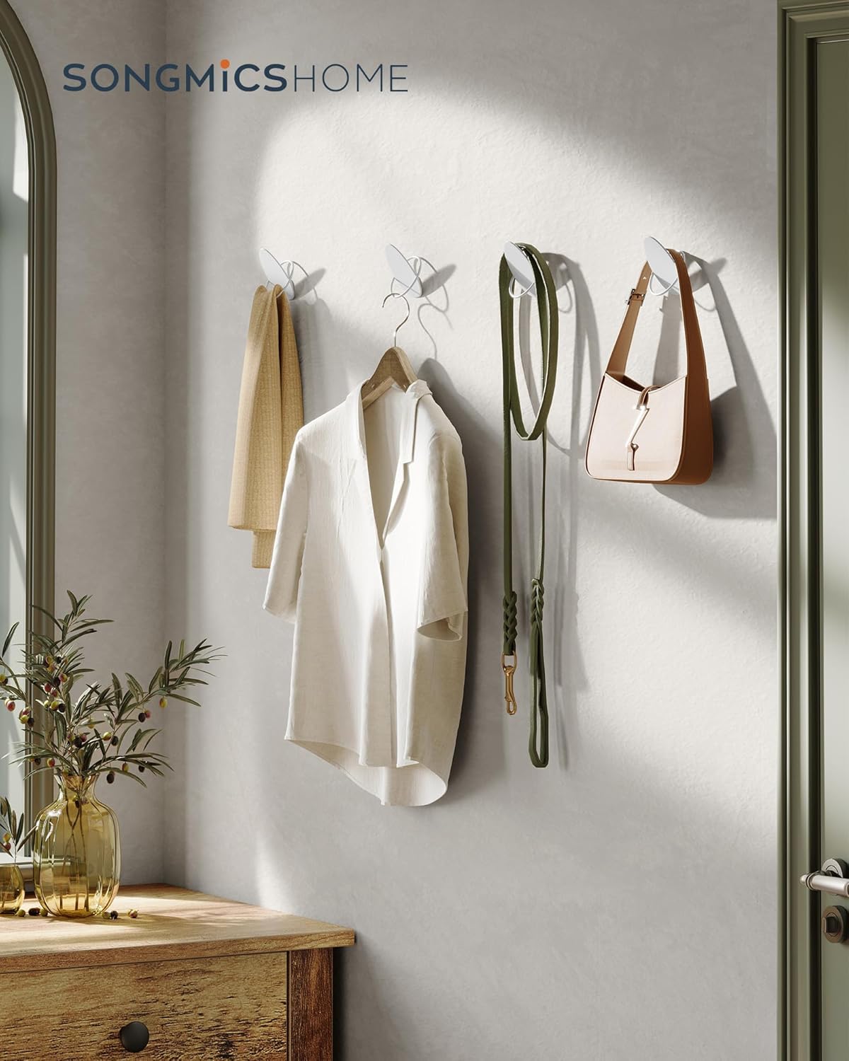 SONGMICS Set 4 carlige perete, design oval din otel, 5 kg per carlig, 9x5x7 cm, alb perlat