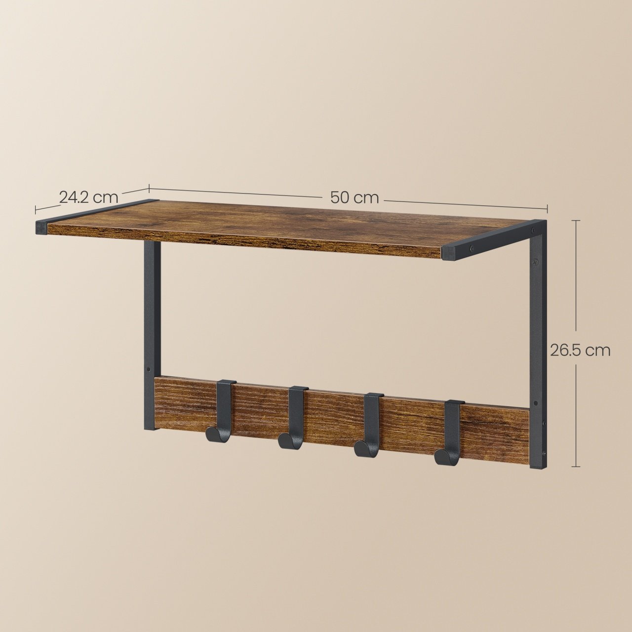 VASAGLE Cuier perete set 2 bucati, PAL si cadru metalic, 50x24x27 cm, maro rustic