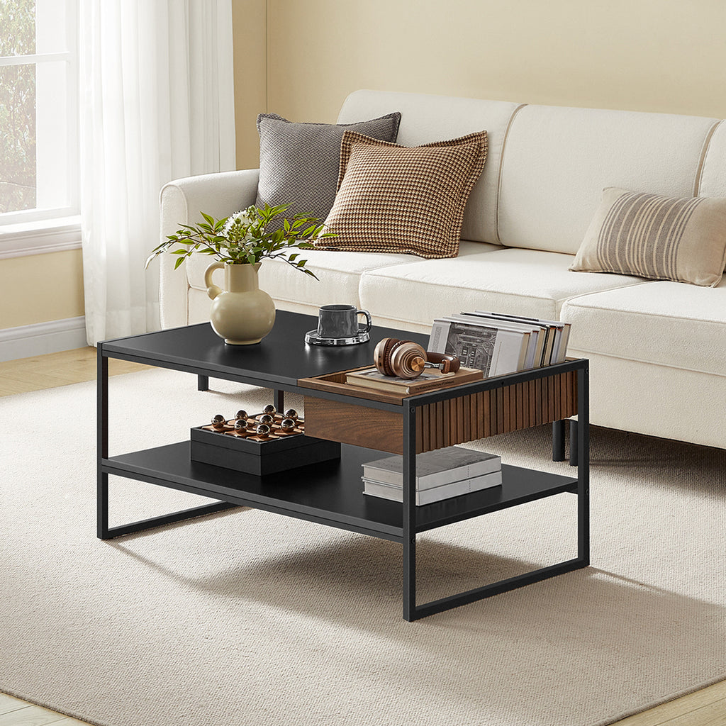 VASAGLE Masuta cafea cu sertar si raft inferior, structura otel, 100x55x45 cm, negru