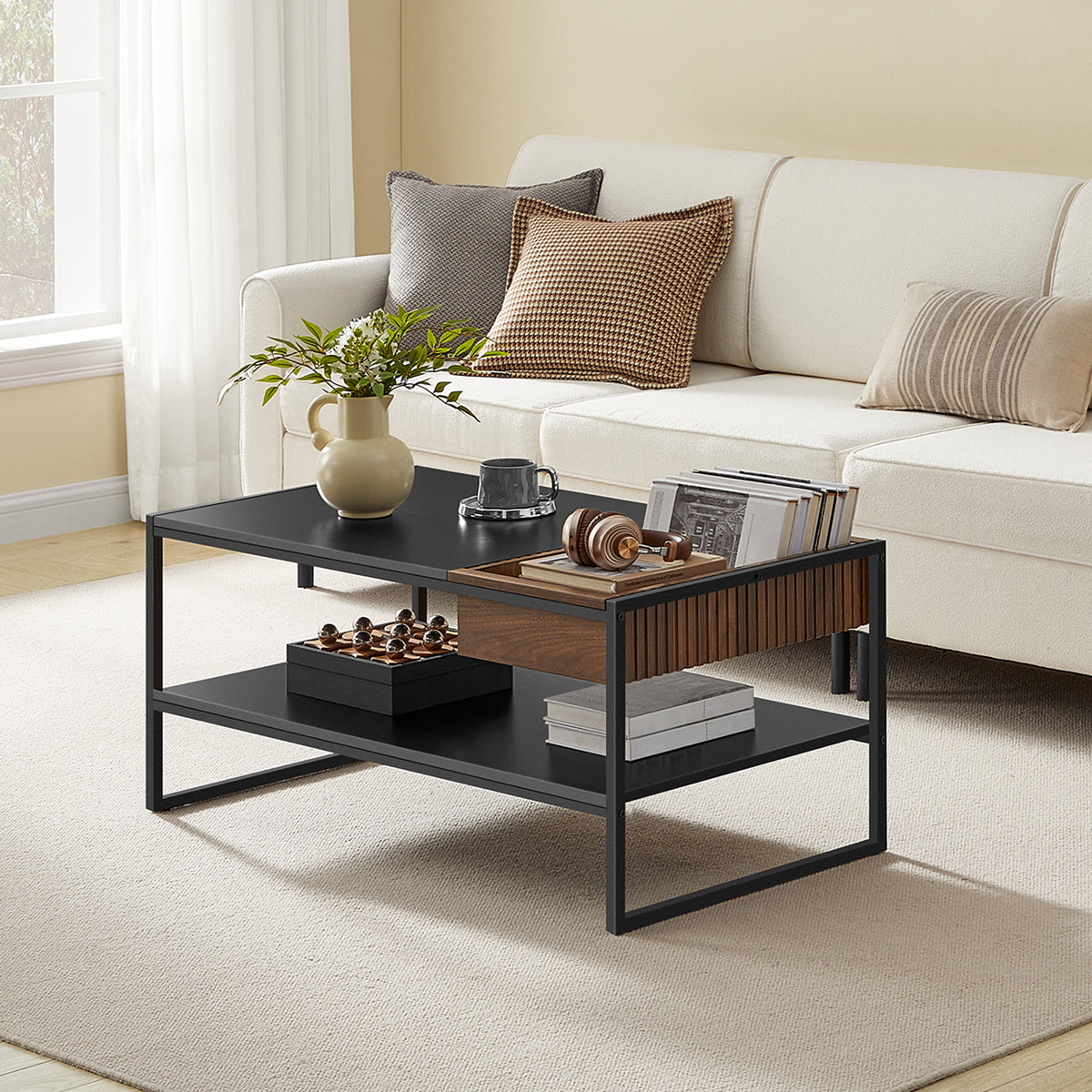 VASAGLE Masuta cafea cu sertar si raft inferior, structura otel, 100x55x45 cm, negru