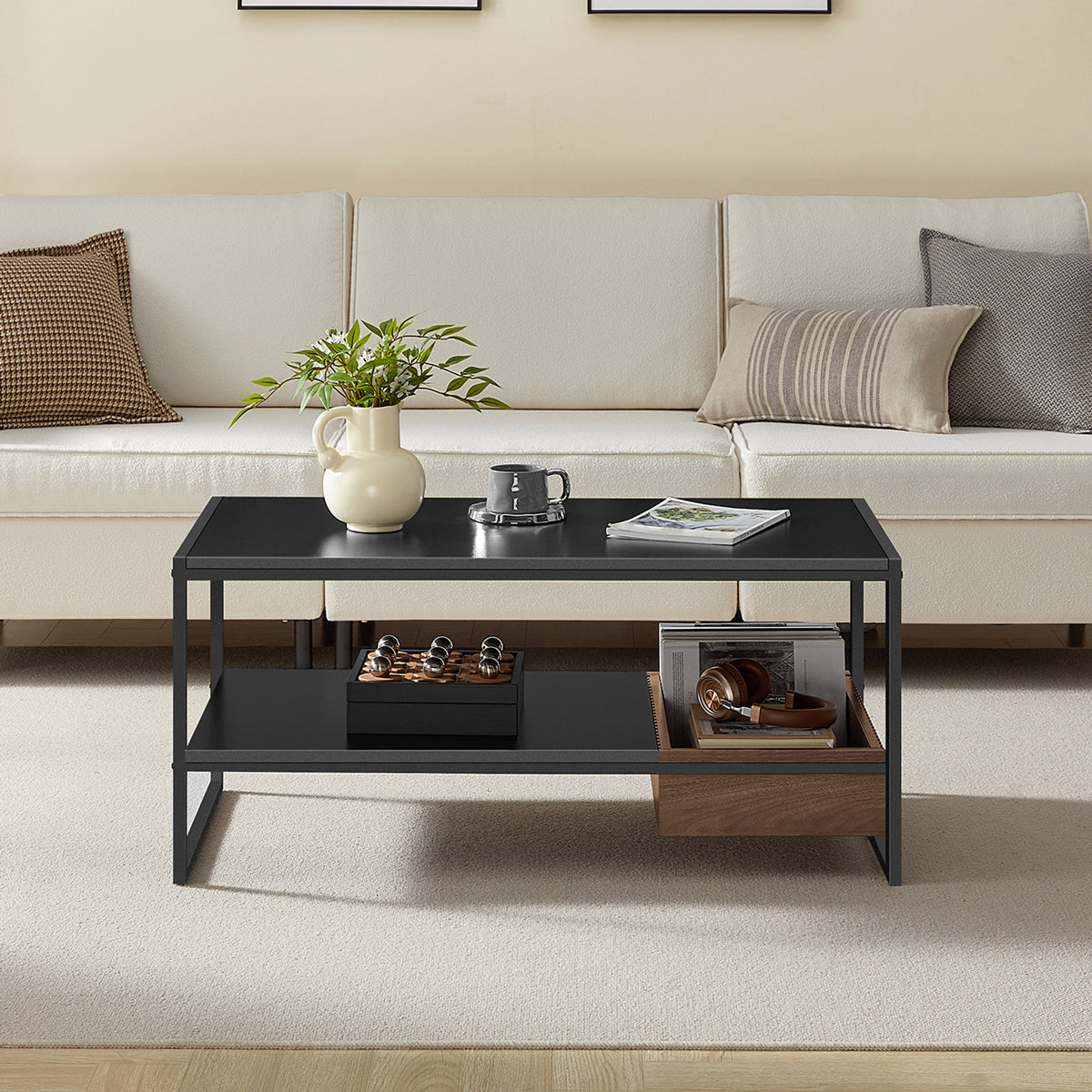 VASAGLE Masuta cafea cu sertar si raft inferior, structura otel, 100x55x45 cm, negru