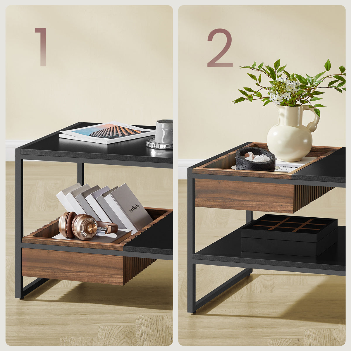 VASAGLE Masuta cafea cu sertar si raft inferior, structura otel, 100x55x45 cm, negru