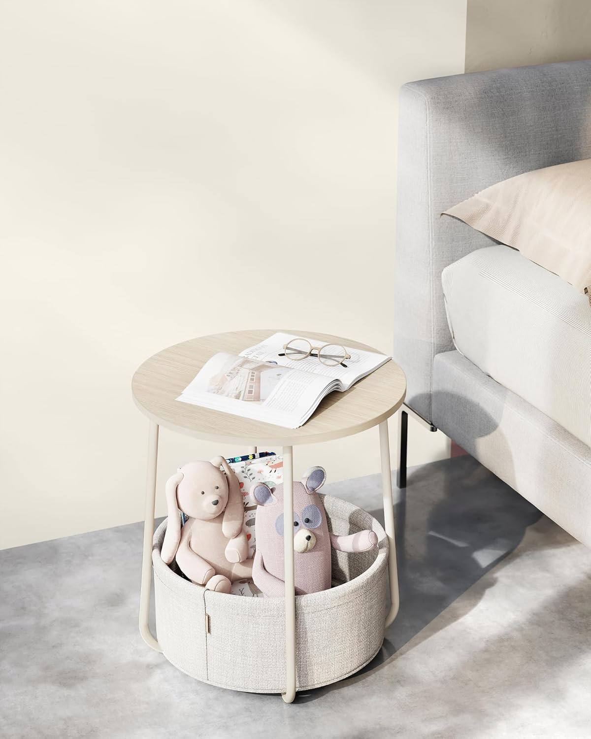 VASAGLE Masuta de cafea rotunda cu cos de stofa, stil modern, 45x50cm, bej