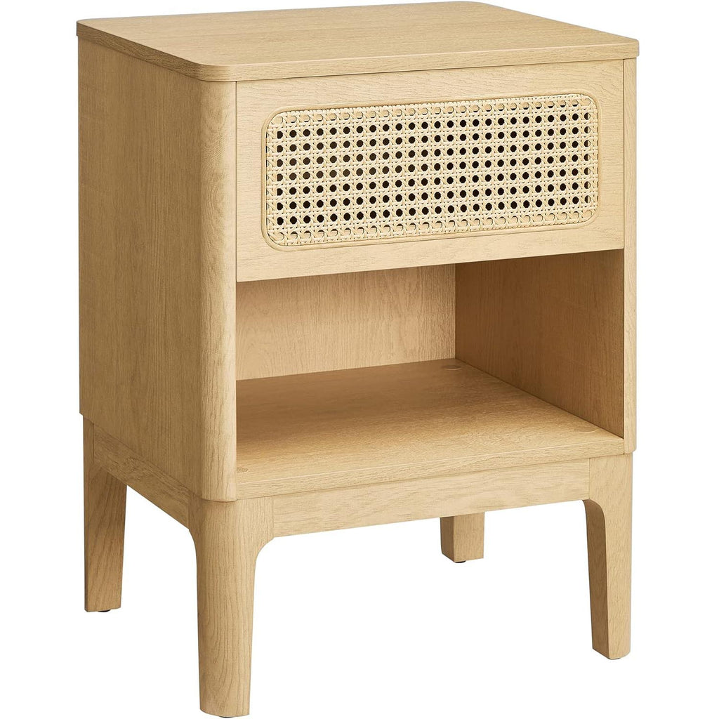 VASAGLE Noptiera 45x40x60 cm, cu sertar aspect ratan si raft, stil boho, PAL si MDF, natur