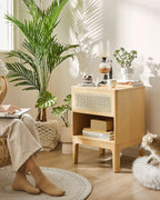 VASAGLE Noptiera 45x40x60 cm, cu sertar aspect ratan si raft, stil boho, PAL si MDF, natur