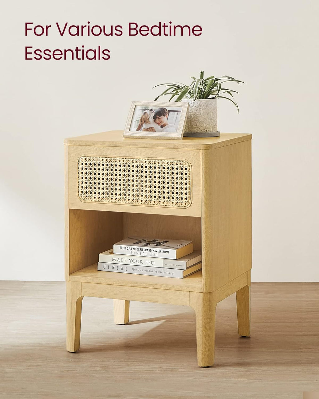 VASAGLE Noptiera 45x40x60 cm, cu sertar aspect ratan si raft, stil boho, PAL si MDF, natur