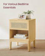 VASAGLE Noptiera 45x40x60 cm, cu sertar aspect ratan si raft, stil boho, PAL si MDF, natur