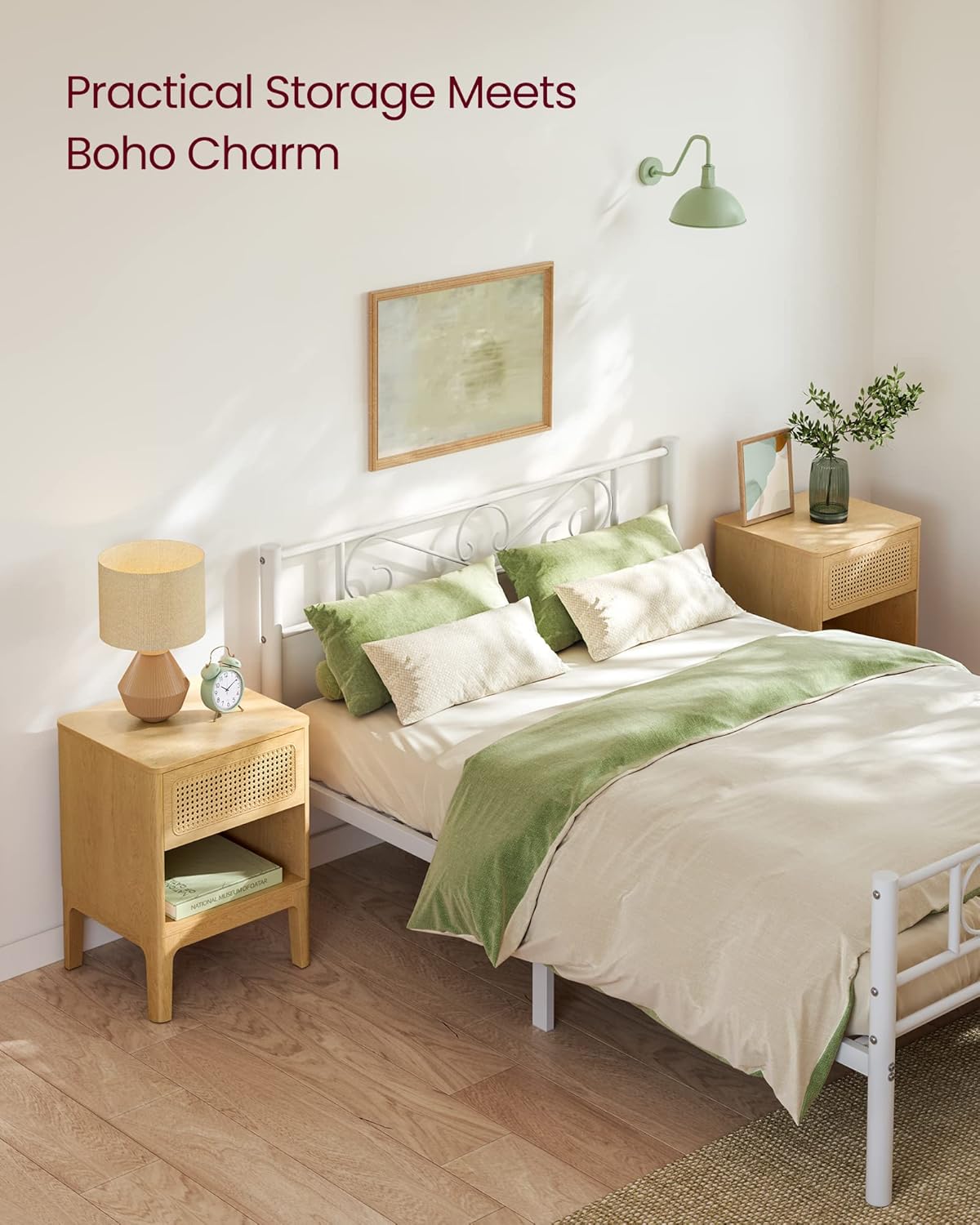 VASAGLE Noptiera 45x40x60 cm, cu sertar aspect ratan si raft, stil boho, PAL si MDF, natur