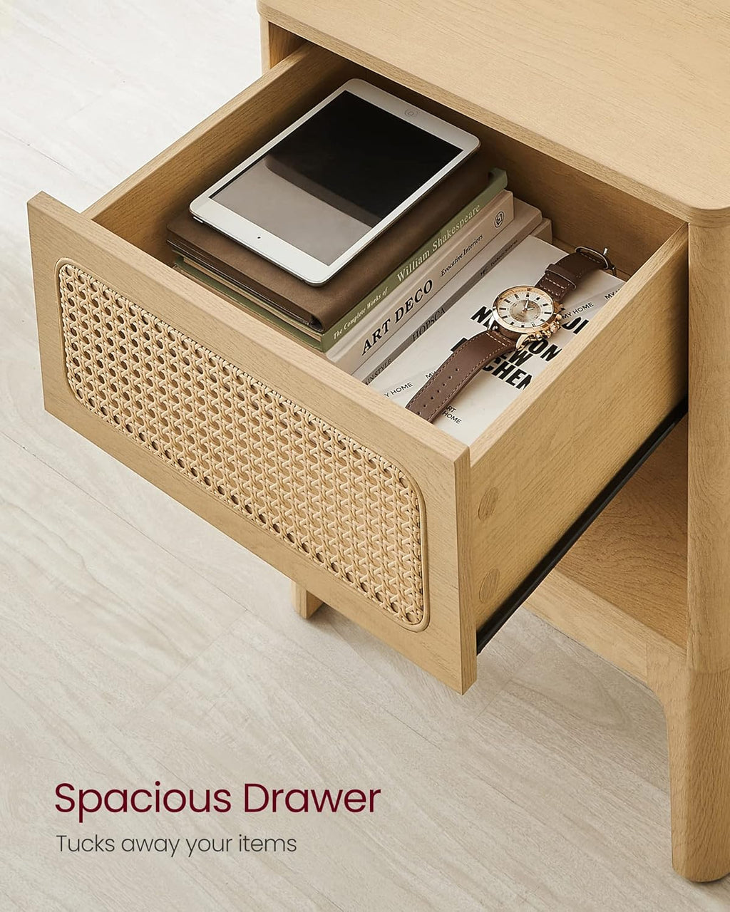 VASAGLE Noptiera 45x40x60 cm, cu sertar aspect ratan si raft, stil boho, PAL si MDF, natur