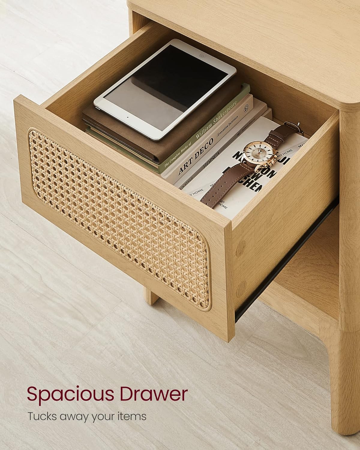 VASAGLE Noptiera 45x40x60 cm, cu sertar aspect ratan si raft, stil boho, PAL si MDF, natur