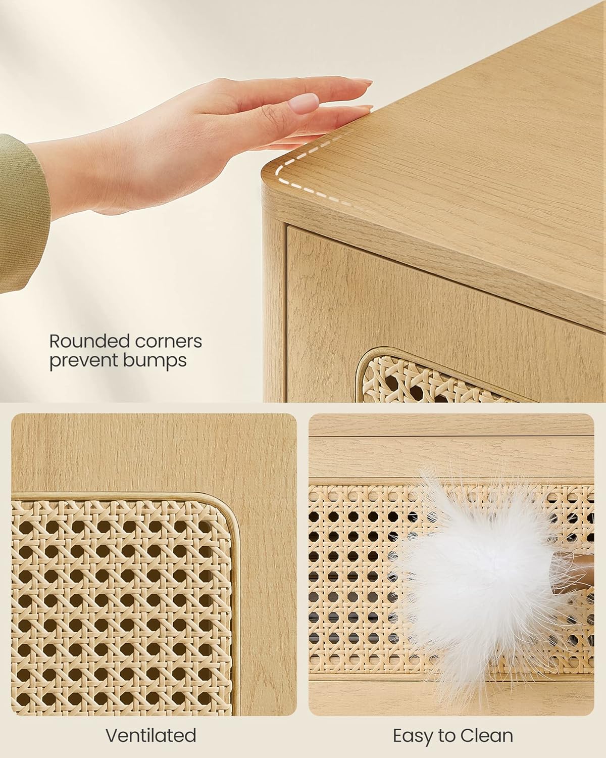 VASAGLE Noptiera 45x40x60 cm, cu sertar aspect ratan si raft, stil boho, PAL si MDF, natur