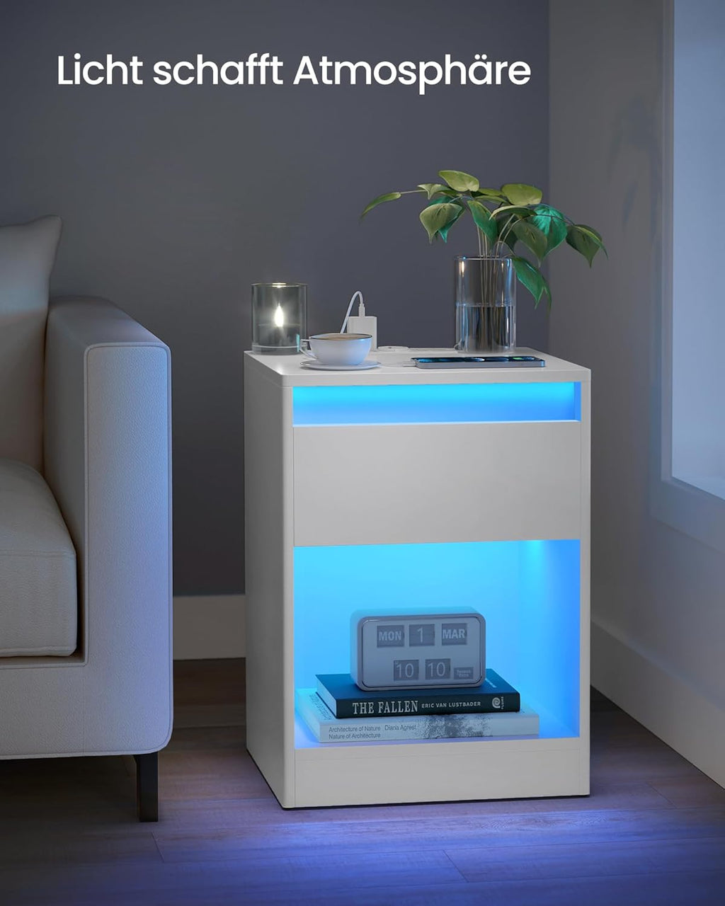 VASAGLE noptiera cu iluminare LED reglabila, 35x40x55 cm, 2 sertare, raft deschis, MDF si PAL, alb