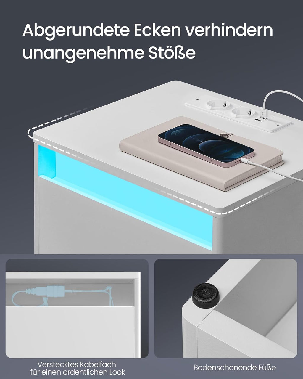 VASAGLE noptiera cu iluminare LED reglabila, 35x40x55 cm, 2 sertare, raft deschis, MDF si PAL, alb