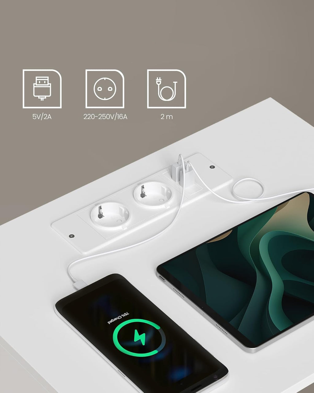 VASAGLE Set 2 noptiere cu porturi USB si prize, sertar si rafturi deschise, 45x35x58 cm, alb mat