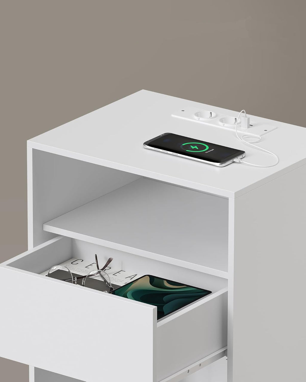 VASAGLE Set 2 noptiere cu porturi USB si prize, sertar si rafturi deschise, 45x35x58 cm, alb mat