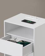 VASAGLE Set 2 noptiere cu porturi USB si prize, sertar si rafturi deschise, 45x35x58 cm, alb mat
