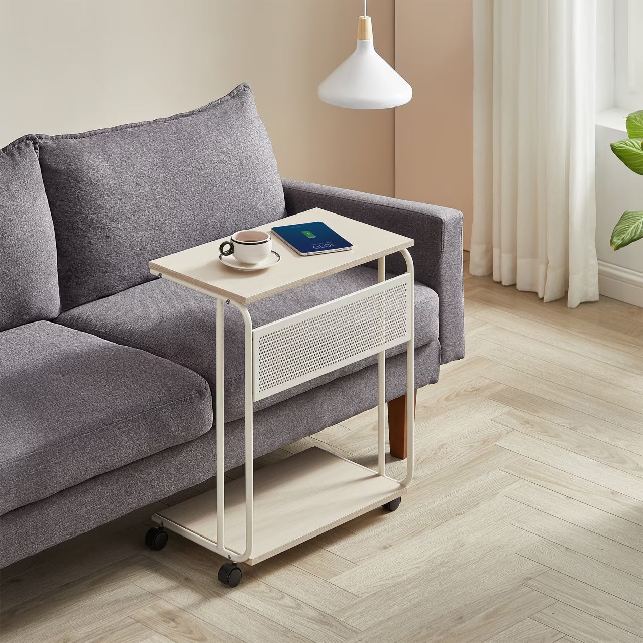 VASAGLE Masuta laterala laptop pe roti, 55x33x66 cm, stil industrial, crem