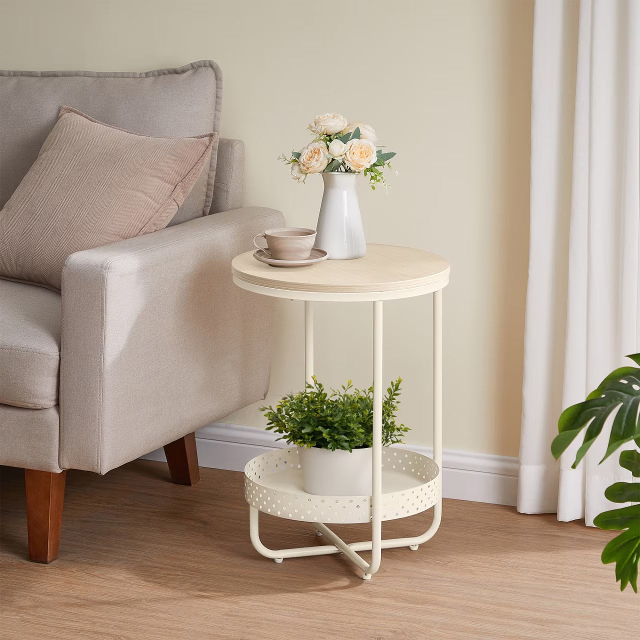 VASAGLE Masuta laterala tip noptiera, rotunda cu cos depozitare, cadru metalic, 40x55 cm, crem