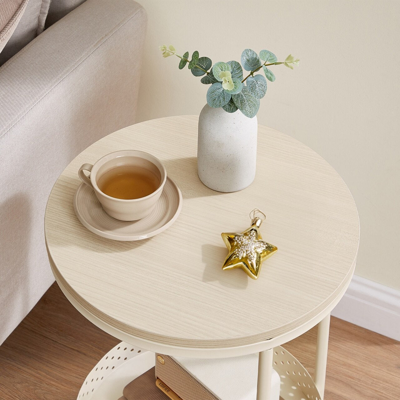 VASAGLE Masuta laterala tip noptiera, rotunda cu cos depozitare, cadru metalic, 40x55 cm, crem