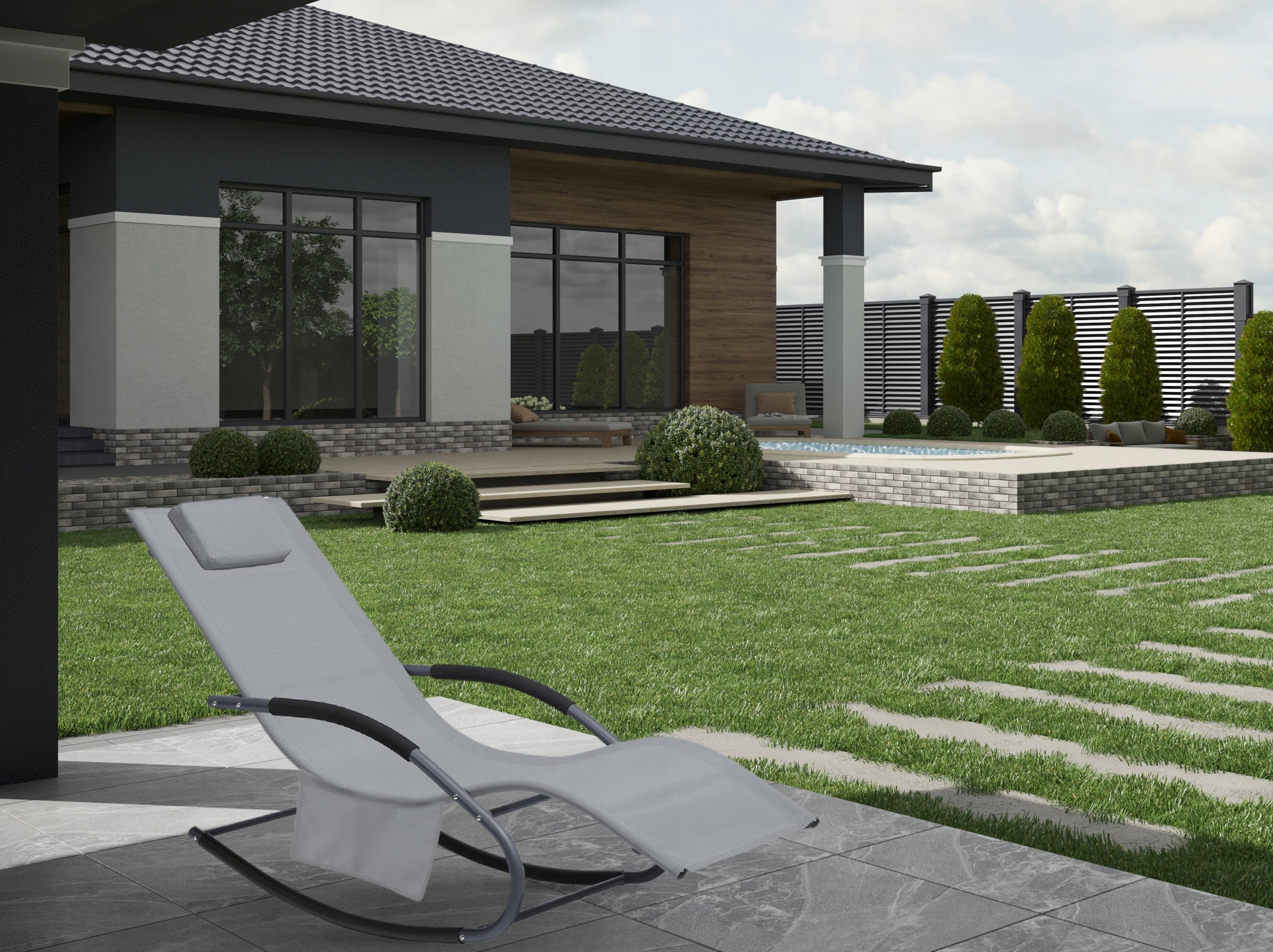 Leagan tip sezlong pentru gradina 148x63x87 cm, structura otel, textilen, design ergonomic, gri deschis