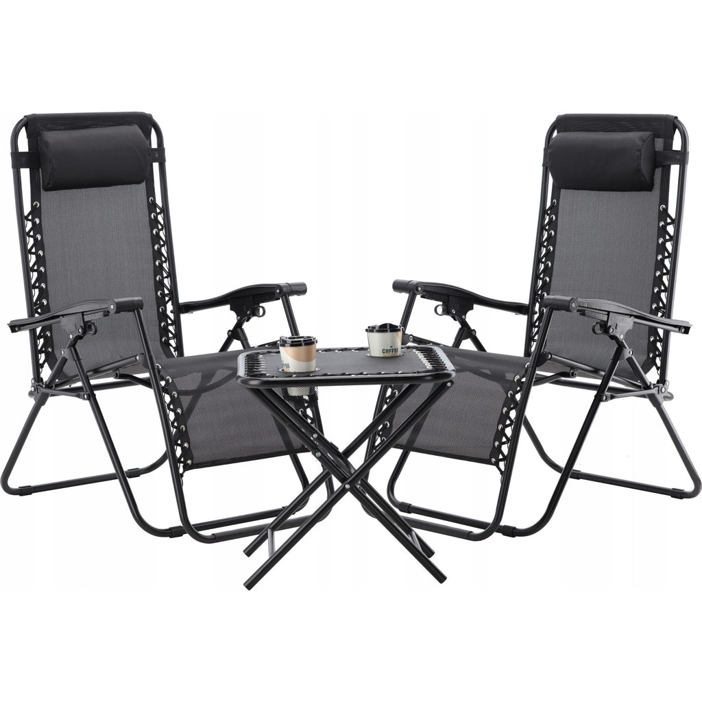 Set 2 sezlonguri pliabile 90x65x110 cm cu masuta 50x50x50 cm, textilene si cadru metalic, negru