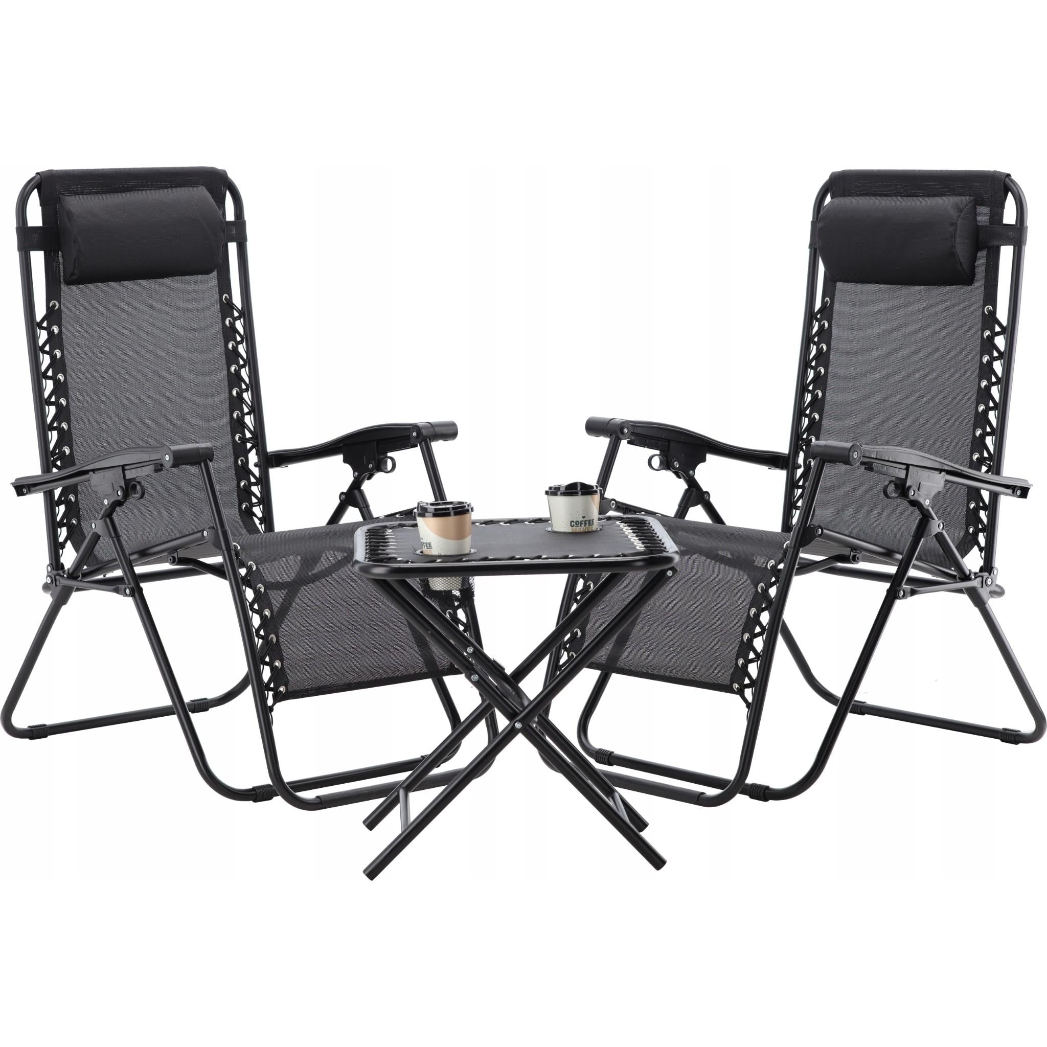Set 2 sezlonguri pliabile 90x65x110 cm cu masuta 50x50x50 cm, textilene si cadru metalic, negru
