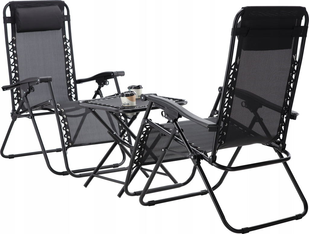 Set 2 sezlonguri pliabile 90x65x110 cm cu masuta 50x50x50 cm, textilene si cadru metalic, negru