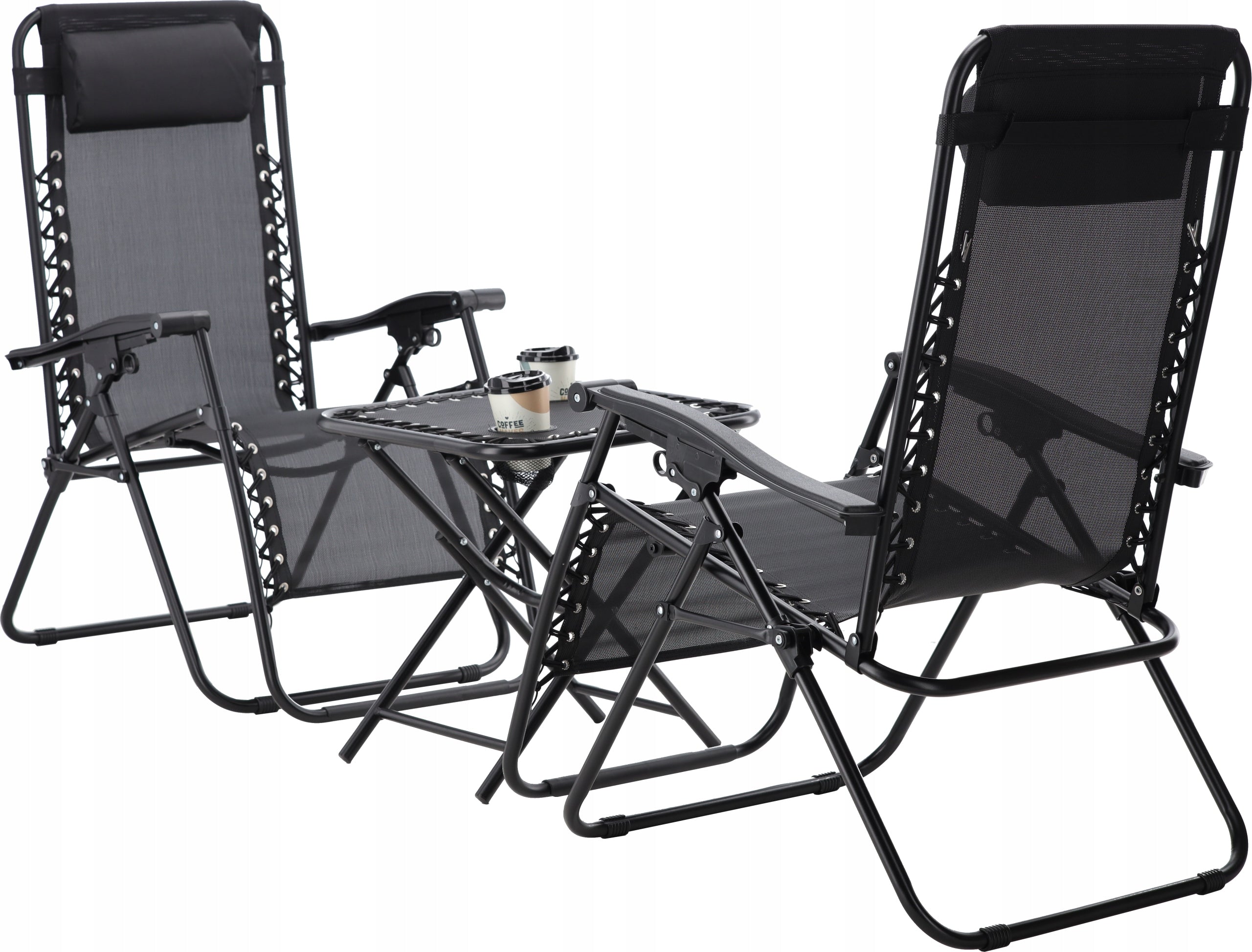 Set 2 sezlonguri pliabile 90x65x110 cm cu masuta 50x50x50 cm, textilene si cadru metalic, negru