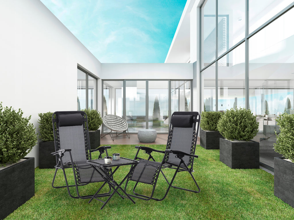 Set 2 sezlonguri pliabile 90x65x110 cm cu masuta 50x50x50 cm, textilene si cadru metalic, negru