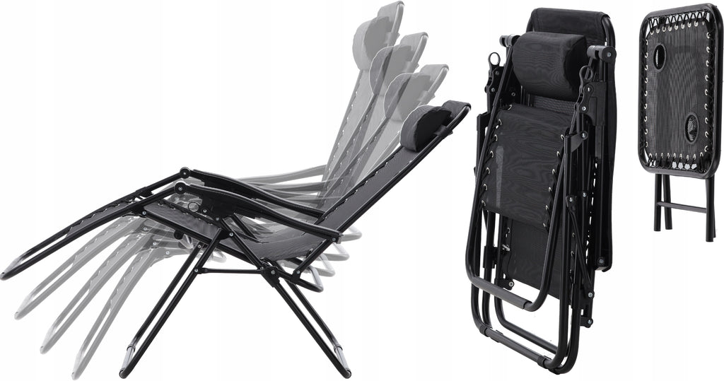 Set 2 sezlonguri pliabile 90x65x110 cm cu masuta 50x50x50 cm, textilene si cadru metalic, negru