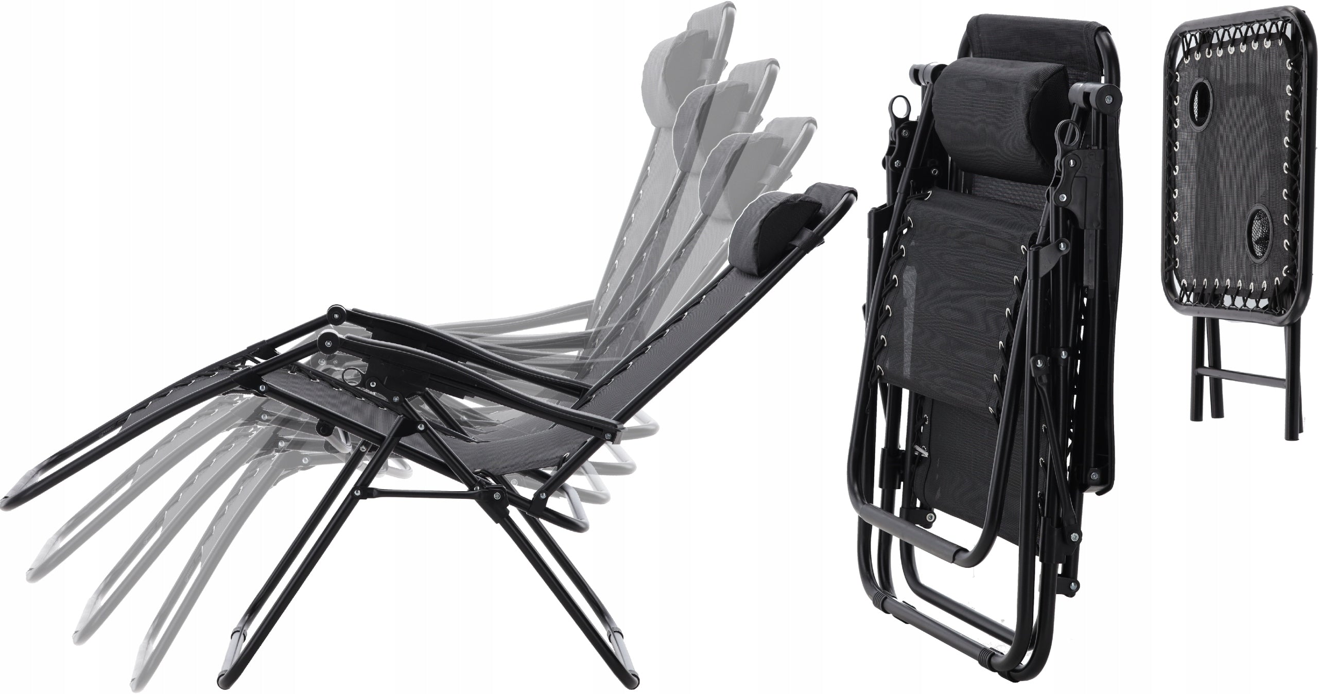 Set 2 sezlonguri pliabile 90x65x110 cm cu masuta 50x50x50 cm, textilene si cadru metalic, negru