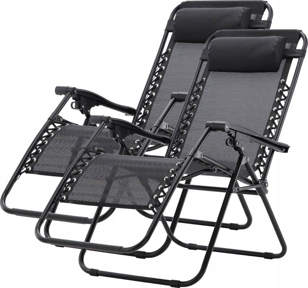 Set 2 sezlonguri pliabile 90x65x110 cm cu masuta 50x50x50 cm, textilene si cadru metalic, negru