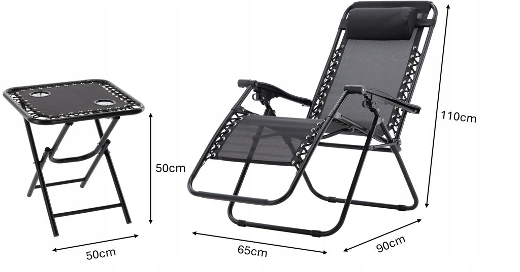 Set 2 sezlonguri pliabile 90x65x110 cm cu masuta 50x50x50 cm, textilene si cadru metalic, negru