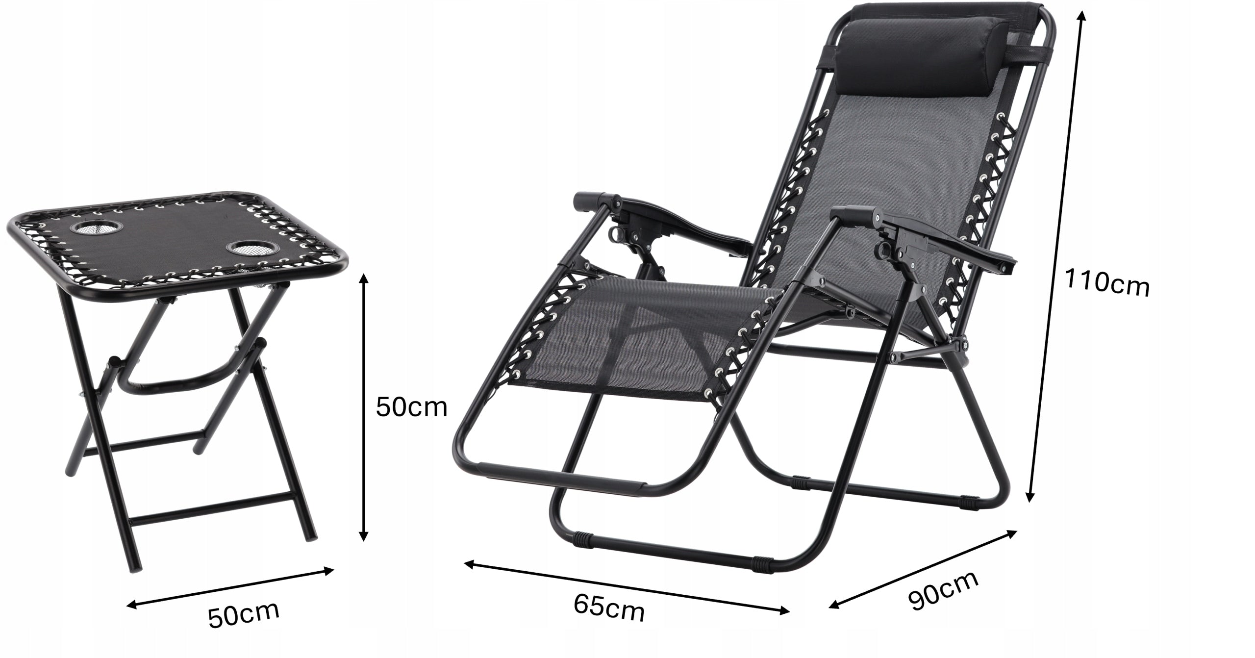 Set 2 sezlonguri pliabile 90x65x110 cm cu masuta 50x50x50 cm, textilene si cadru metalic, negru