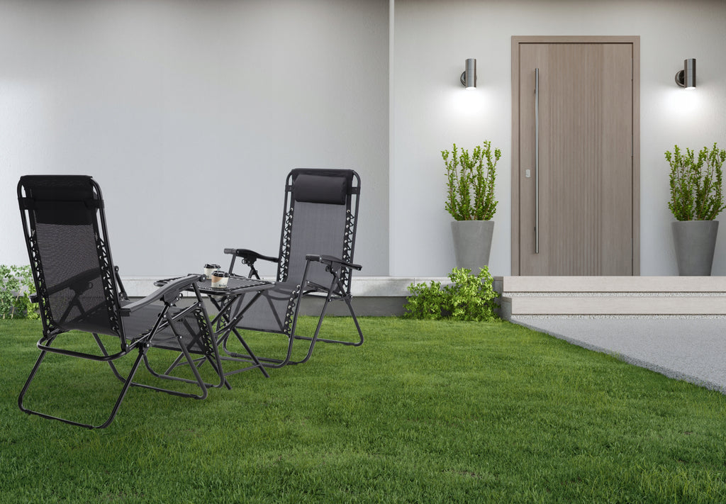 Set 2 sezlonguri pliabile 90x65x110 cm cu masuta 50x50x50 cm, textilene si cadru metalic, negru