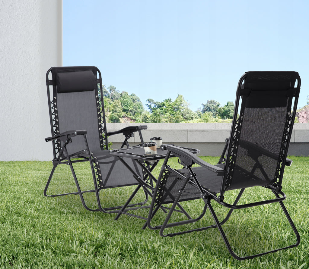 Set 2 sezlonguri pliabile 90x65x110 cm cu masuta 50x50x50 cm, textilene si cadru metalic, negru