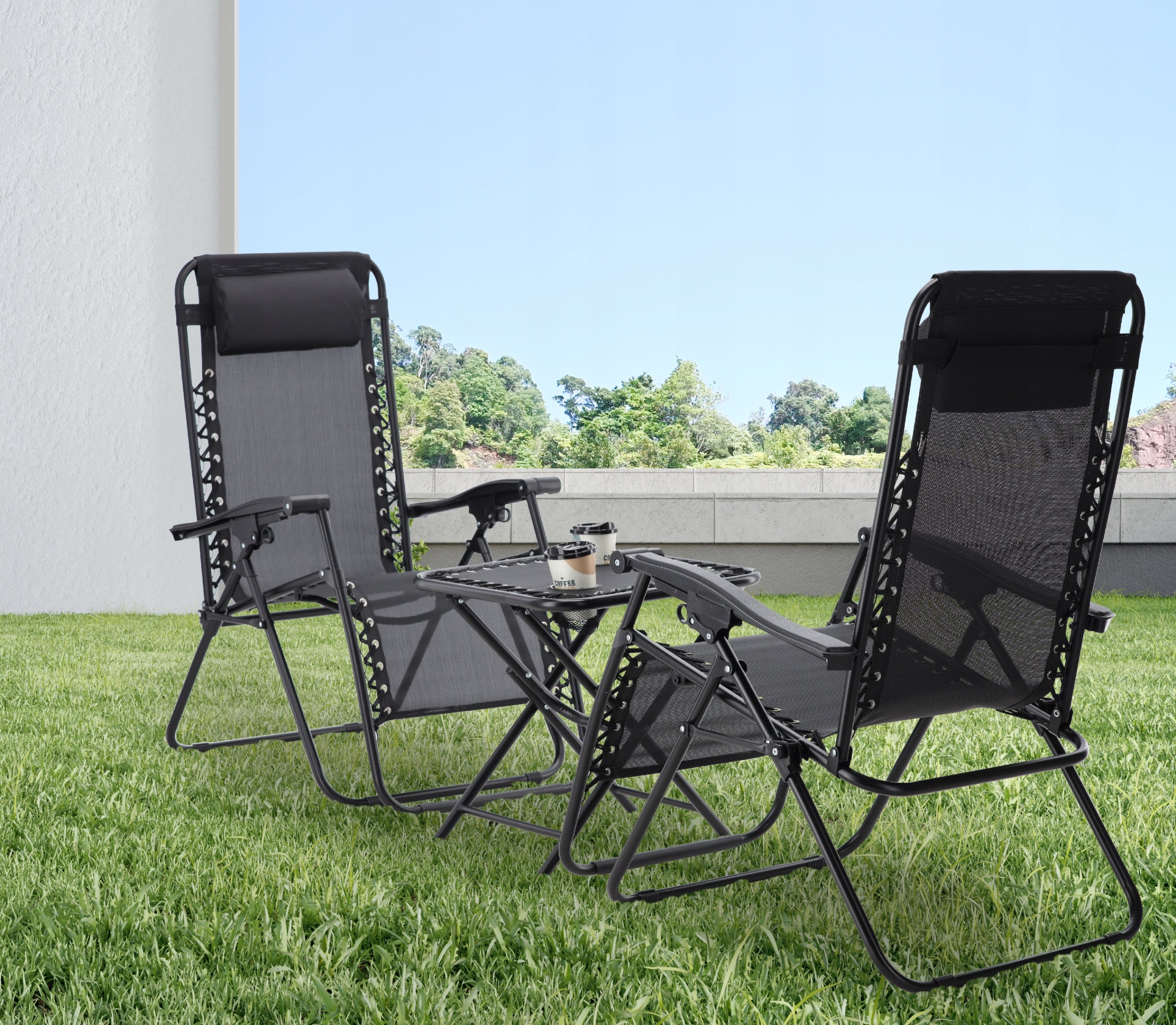 Set 2 sezlonguri pliabile 90x65x110 cm cu masuta 50x50x50 cm, textilene si cadru metalic, negru